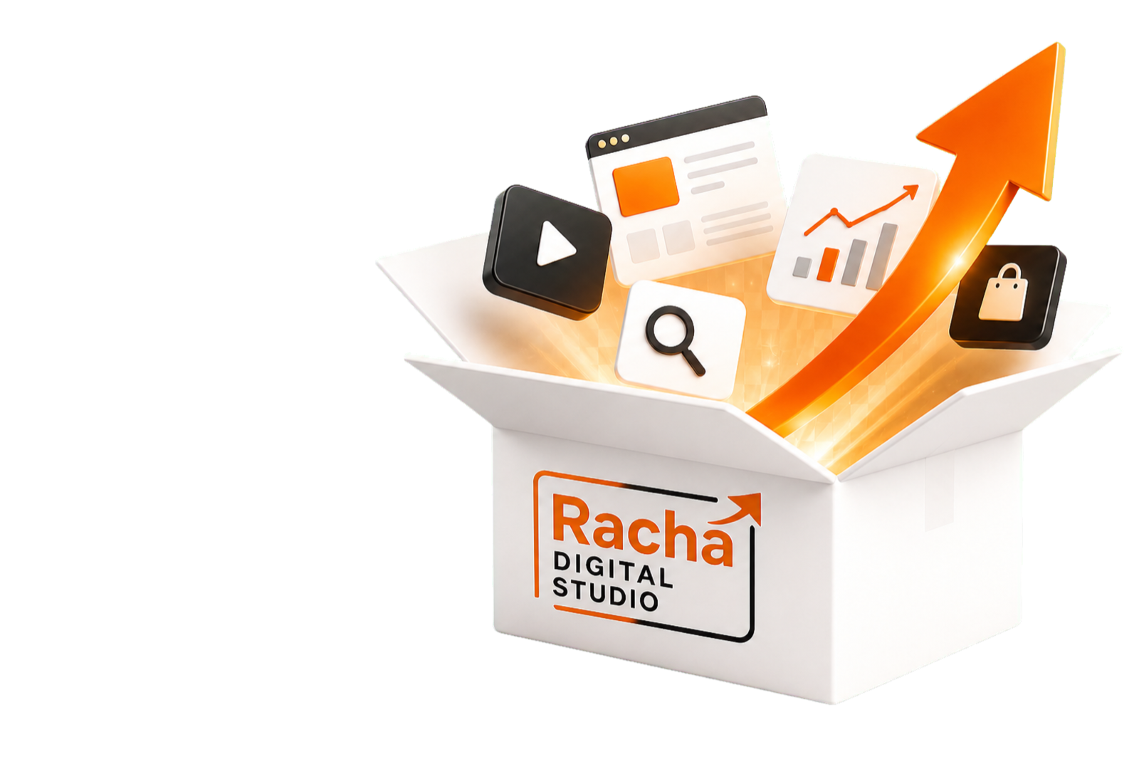 An open box branded Racha Digital Studio with a large orange growth arrow rising out of it, surrounded by floating tiles for video, a website, search, analytics and online shopping.
